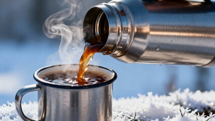 Stainless steel thermos pouring hot coffee into cup in winter snow  