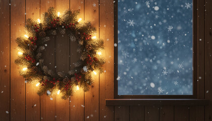 Christmas wreath with lights hanging beside snowy window at night  