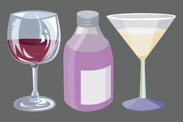 A colorful illustration featuring a red wine glass a purple bottle and a martini