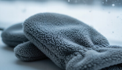 Fleece mittens resting on a table with snow falling outside  