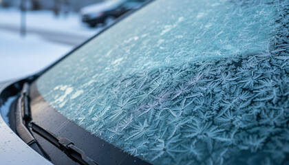 Icy car windshield covered with frost in winter landscape  