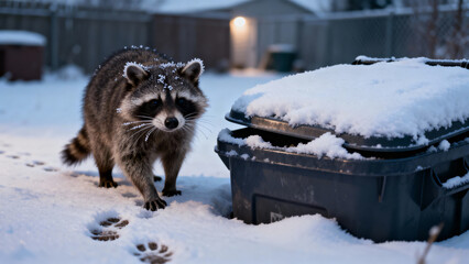 Raccoon walking by trash bin covered with snow at night