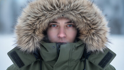 Young man in parka hood looking serious in snowy winter landscape  