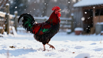 Rooster crowing in snow while walking on a rural farm