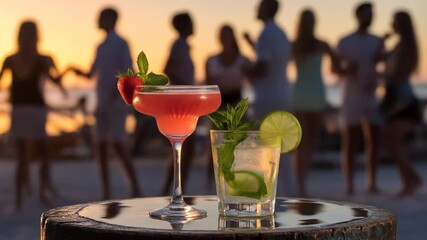 Group of friends enjoying cocktails at sunset on the beach with a lively and relaxed atmosphere - Powered by Adobe