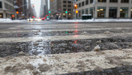 Wet city crosswalk with slush and traffic lights in winter  
