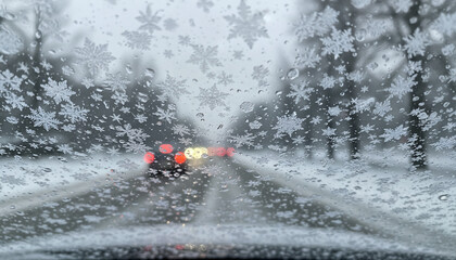 Snowflakes on windshield while driving on snowy road in winter  