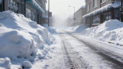 Snow-covered street with snow piles and tracks in winter morning  