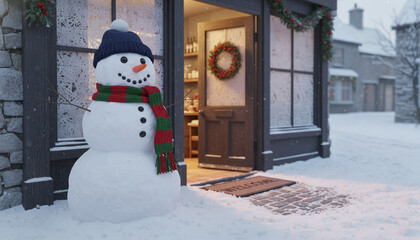 Snowman wearing hat and scarf standing by shop door in winter  