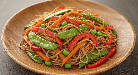 A vibrant stir-fried noodle dish with an assortment of colorful vegetables like carrots, bell peppers, snap peas, and green peas, served on a wooden plate.