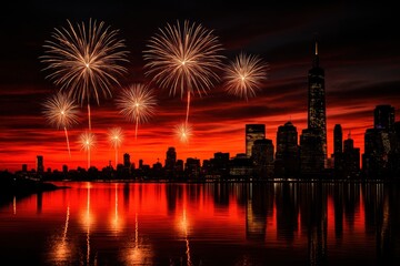 Obraz premium Spectacular Fireworks Display Over a City Skyline at Dusk