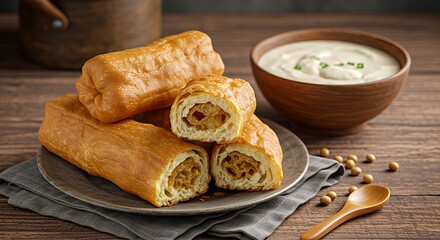 Close-up shot of a plate with savory pastries and a bowl of creamy soup on a wooden table.