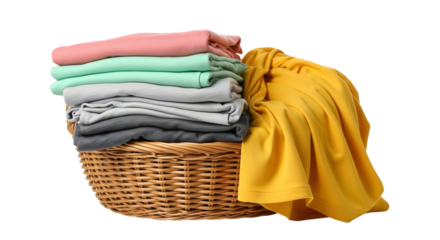 Stacked folded clothing in woven basket with draped yellow fabric isolated on a transparent background