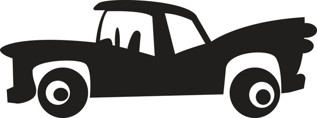 A simple black and white illustration of a vintage style pickup truck side view