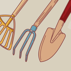 Illustration of gardening tools including a shovel, fork, and hand rake