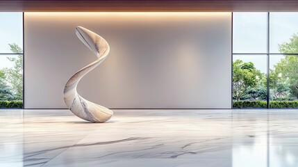 A contemporary marble sculpture with a twisting form stands in a bright, airy room with polished floors and large windows revealing a green garden.