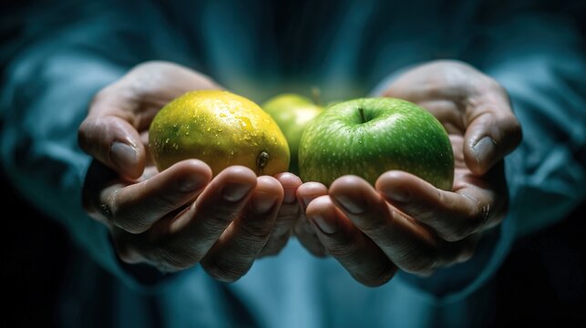 Hands holding fresh green apples and a lemon, emphasizing freshness and health.