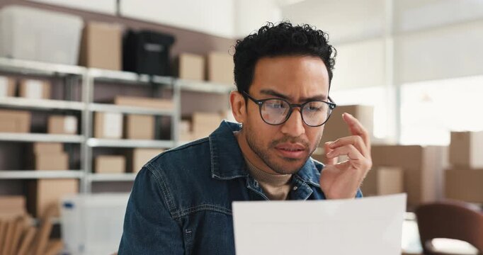Man, documents and stress at dropshipping startup, confused or lost order at warehouse. Person, paperwork and frustrated with review, admin and report with logistics for with inventory management