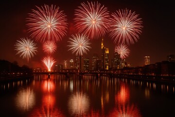 Fototapeta premium Spectacular Fireworks Display Over Frankfurt Skyline Reflected in River at Night