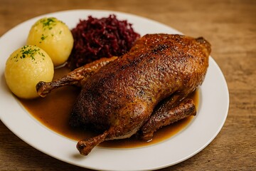 Delicious roasted duck with potatoes and red cabbage.