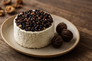 Gourmet cheese topped with nuts and dried fruit on a plate.