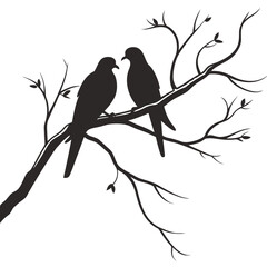 Silhouette of two birds on a branch isolated on