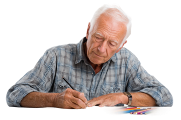 Senior practicing art sketching at home isolated on transparent background