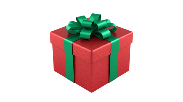 Vibrant red gift box with a festive green ribbon and bow, perfect for holiday promotions, birthdays, and celebrations. High-quality PNG with transparent background.