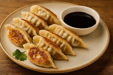 Crispy pan fried dumplings with dipping sauce on a plate.
