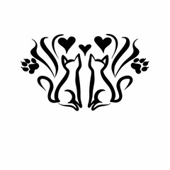 Fototapeta premium Two cats in love isolated on with hearts and paw prints