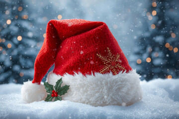 Red Santa had on snow floor with Christmas decoration in happy festival time