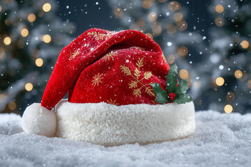 Red Santa had on snow floor with Christmas decoration in happy festival time