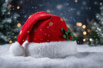 Red Santa had on snow floor with Christmas decoration in happy festival time