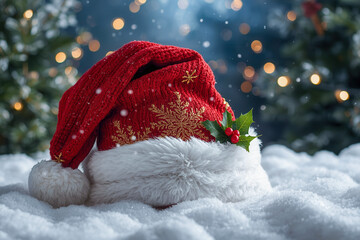 Red Santa had on snow floor with Christmas decoration in happy festival time