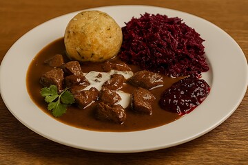 Traditional german goulash with dumpling and red cabbage.