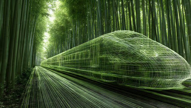 Photorealistic hyperloop with crimson digital wireframe edges racing across desert dunes during dramatic sunset lighting