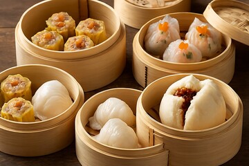 Assortment of delicious dim sum dumplings in bamboo steamer baskets.