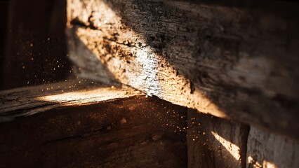 Golden Sunlight Illuminating Dust Particles in a Rustic Wooden Interior