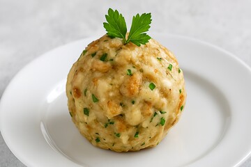 Savory bread dumpling with fresh parsley on a white plate.