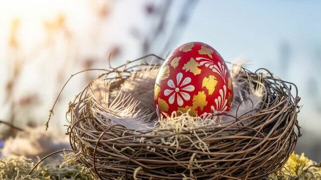 Decorative Easter egg with floral patterns resting in a nest made of twigs and straw outdoors under a clear sky