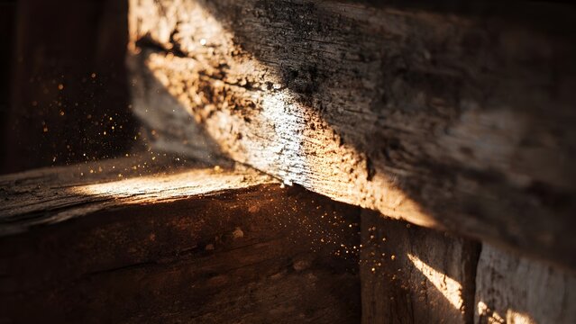 Golden Sunlight Illuminating Dust Particles in a Rustic Wooden Interior - Powered by Adobe
