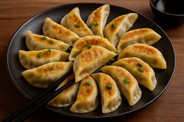 Golden brown pan fried dumplings arranged on a dark plate.