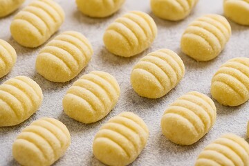 Freshly made potato gnocchi arranged on a light surface.