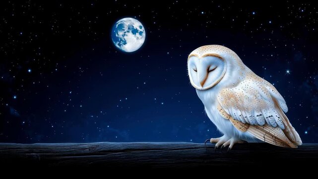 Night owl barn owl under full moon and starry sky, nocturnal wildlife on perch, blue feather detail, calm silhouette flowing under moonlight