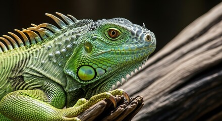 Fototapeta premium Close up of a green iguana resting on a branch with a dark background behind it