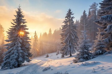 Winter Forest Sunrise – Snow-Covered Pines in Golden Morning Light
