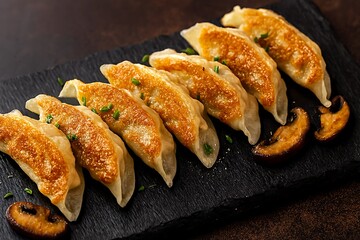 Crispy pan fried dumplings on dark slate plate.