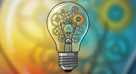Illuminated light bulb with intricate mechanical gears symbolizing innovative thought and complex