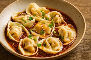 Delicious wontons in spicy chili oil broth served in bowl.