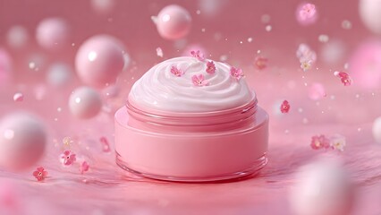 Blush Pink Cosmetic Jar with Swirled Cream and Blooming Petals